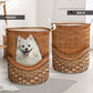 American Eskimo Dog Rattan Texture Laundry Basket For Room Home Organizer
