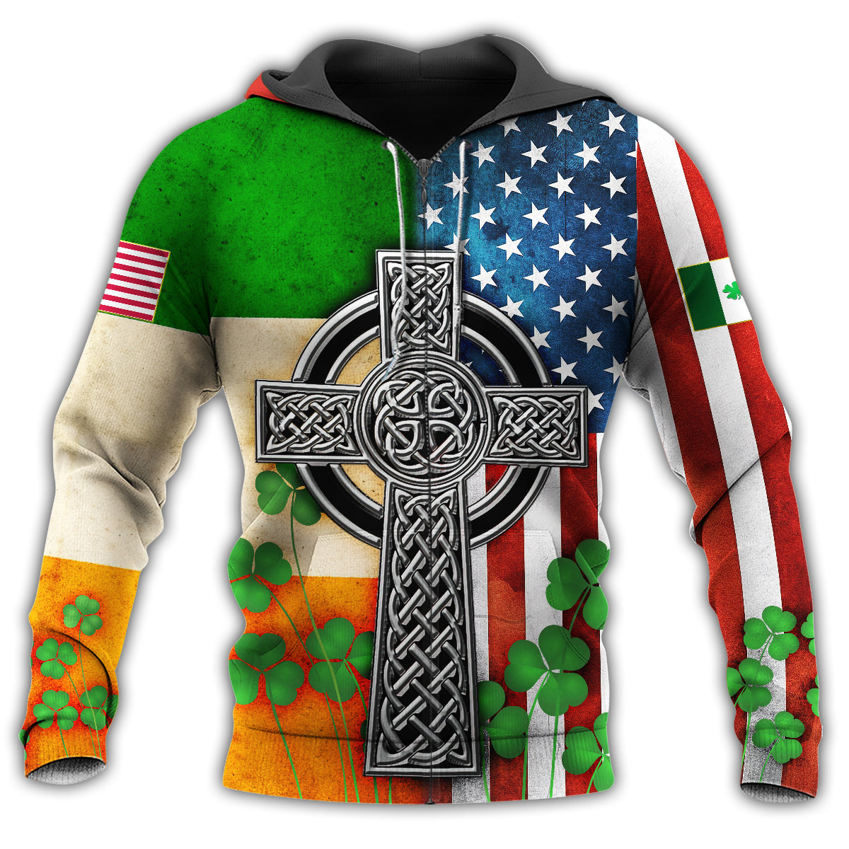 Irish American Flag Celtic Cross Hoodie For Church Events Travel Days And Comfortable Daily Style