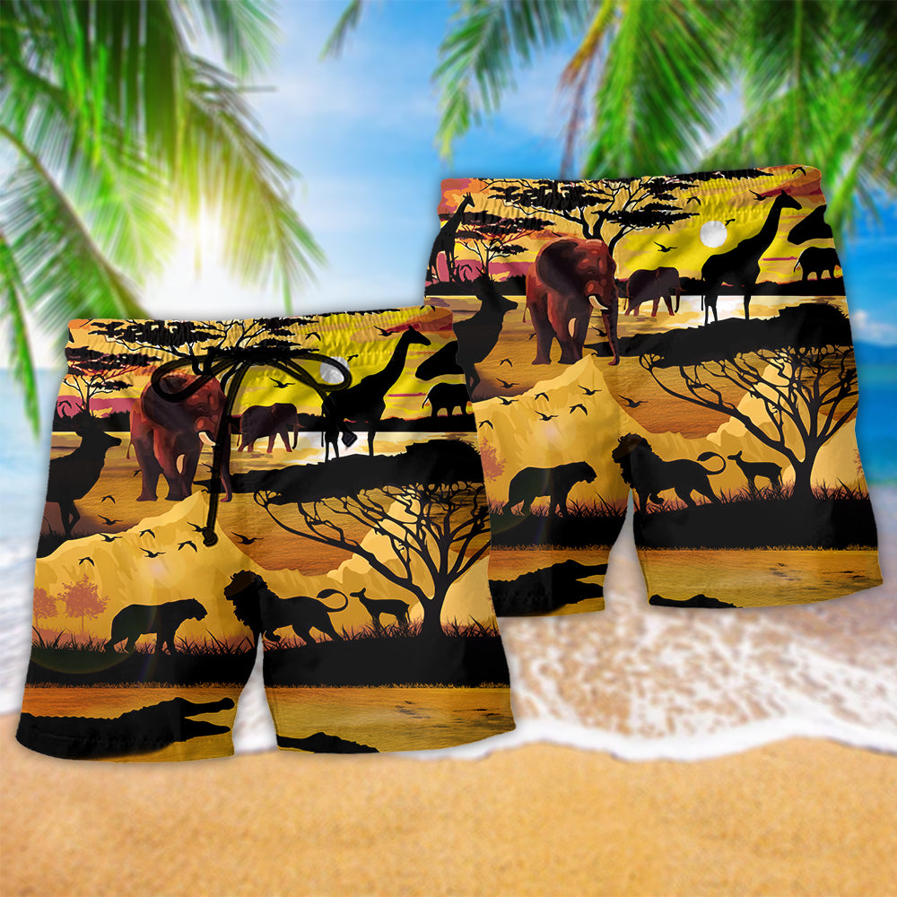 Animal Safari Where Life Begins Hawaiian Print Beach Shorts For Vacation Travel And Relaxed Outdoor Comfort