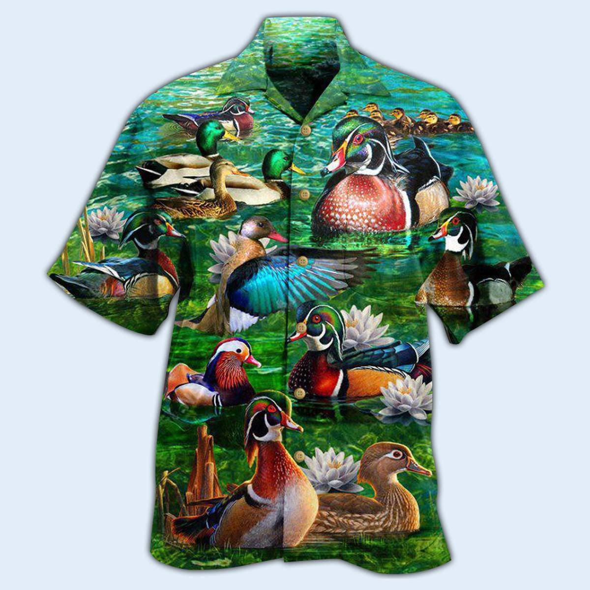 Green Duck Hawaiian Shirt Artwork Detail For Tropical Trips And Casual Outings