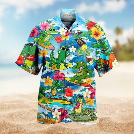 Alligator Wave Surfing Hawaiian Shirt For Tropical Trips Coastal Events And Distinctive Summer Style