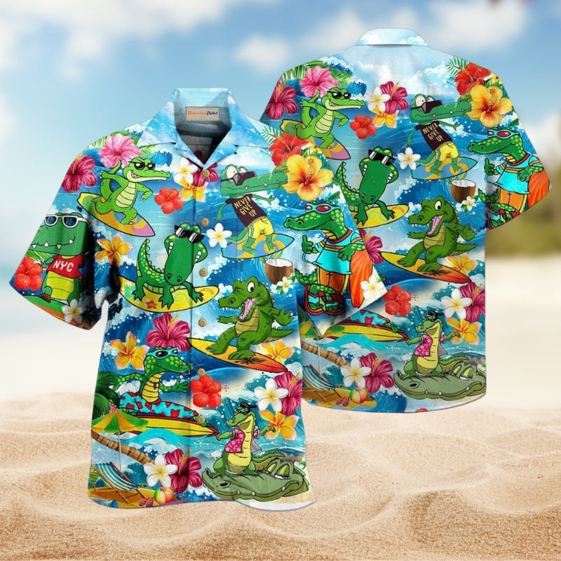 Alligator Wave Surfing Hawaiian Shirt For Tropical Trips Coastal Events And Distinctive Summer Style