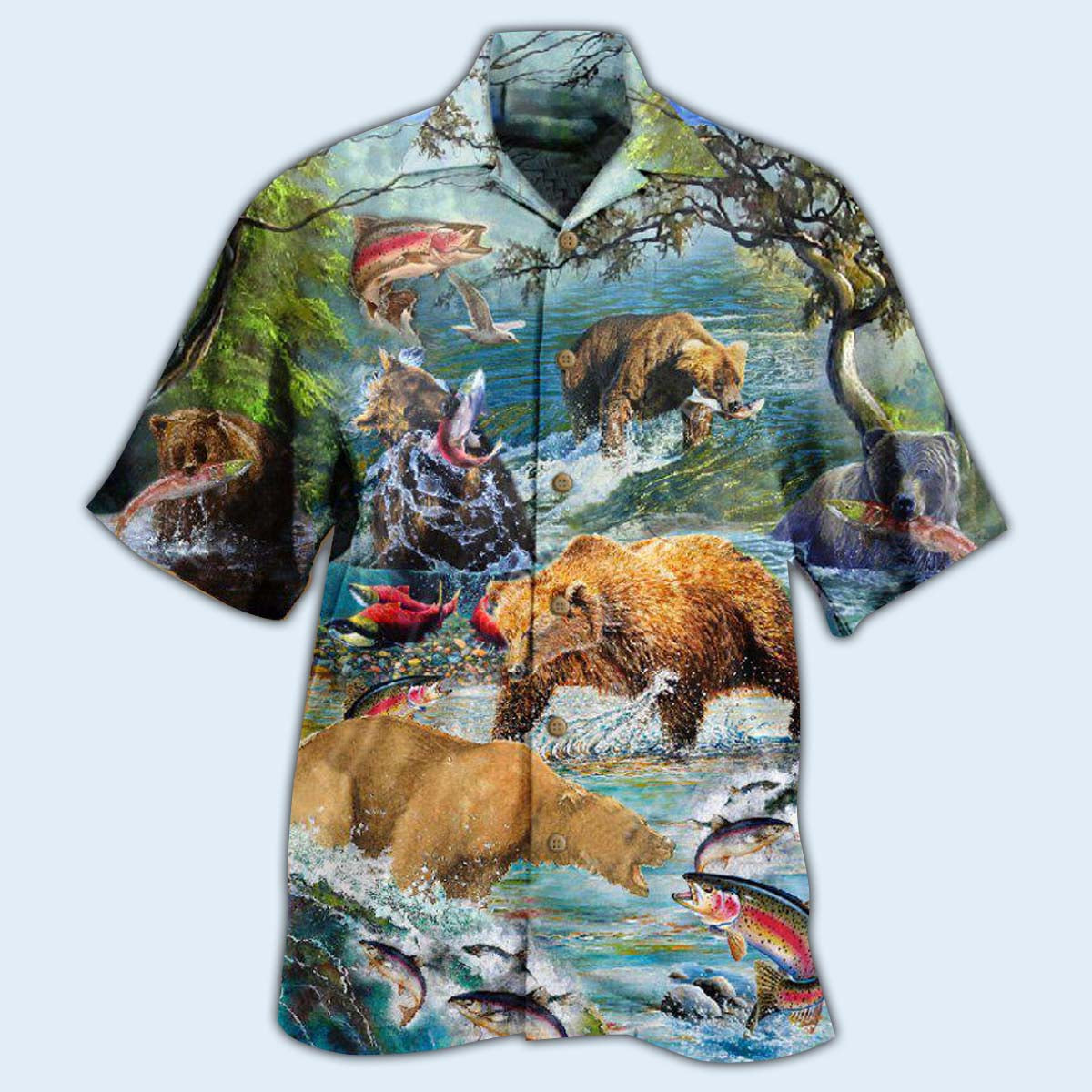 Bear Hunting Animals Amazing Salmon Hawaiian Shirt Design Detail For Beach Days And Holiday Travel