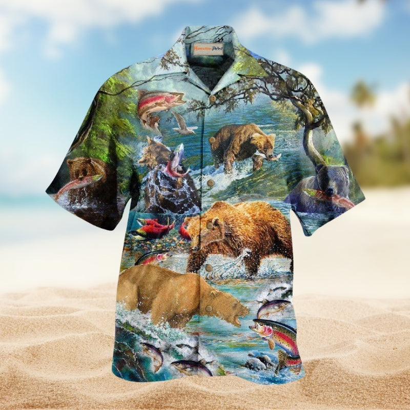Amazing Salmon Hunting With Bear Hawaiian Shirt For Summer Vacation Beach Travel And Relaxed Casual Wear