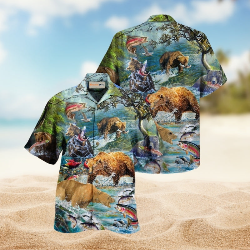 Amazing Salmon Hunting With Bear Hawaiian Shirt For Summer Vacation Beach Travel And Relaxed Casual Wear
