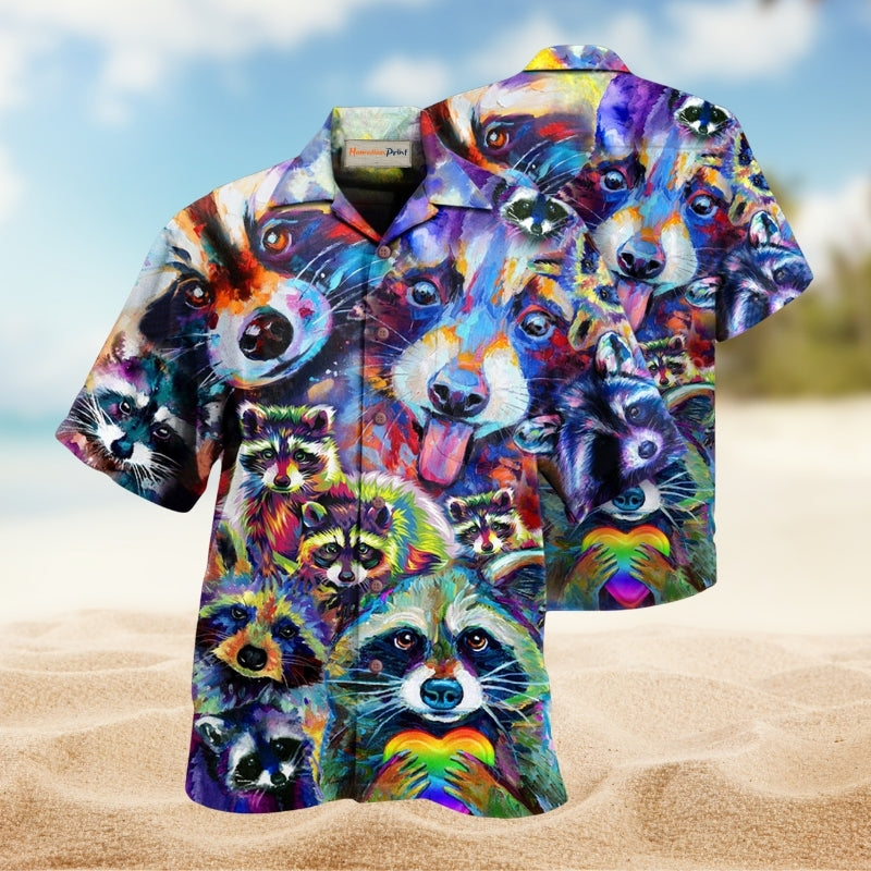 Awesome Colorful Raccoon Family Hawaiian Shirt For Summer Vacation Beach Travel And Relaxed Casual Wear