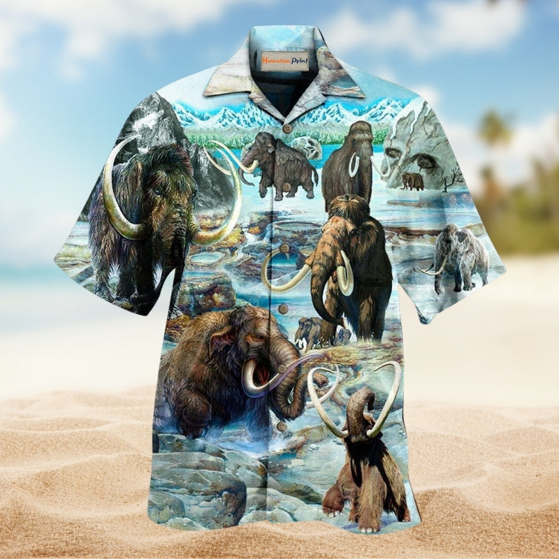 Back To Time Mammoth Alive Hawaiian Shirt For Tropical Travel Outdoor Parties And Relaxed Casual Wear