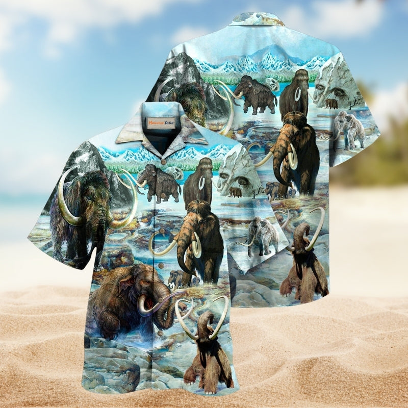 Back To Time Mammoth Alive Hawaiian Shirt For Tropical Travel Outdoor Parties And Relaxed Casual Wear