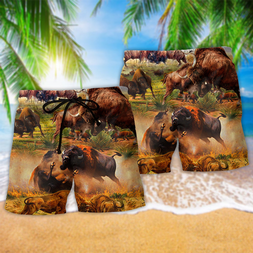 Bison Wild Battlefield Beach Shorts Pattern Detail For Sunny Day Activities And Leisure And Relaxation