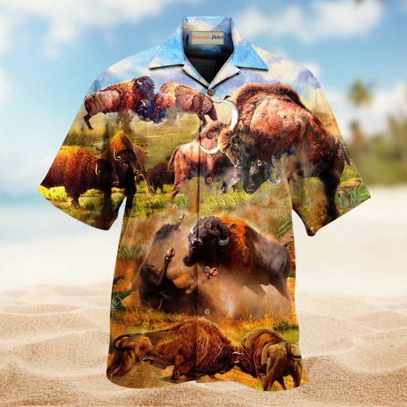 Bison In Wild Battle Hawaiian Shirt For Island Getaways Beach Parties And Comfortable Vacation Style