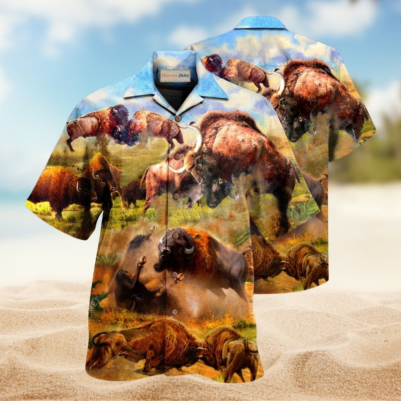 Bison In Wild Battle Hawaiian Shirt For Island Getaways Beach Parties And Comfortable Vacation Style