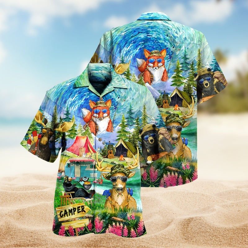 Animals Camping Hawaiian Shirt For Summer Vacation, Beach Travel, And Casual Wear
