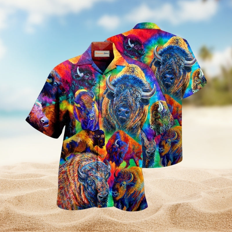Colorful Bison Hawaiian Shirt For Coastal Adventures Outdoor Gatherings And Casual Warm Weather Wear