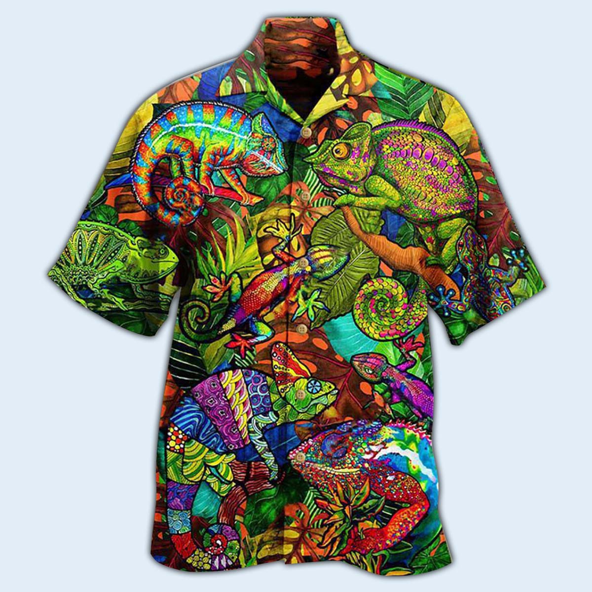 Abstract Chameleon Animals Full Hawaiian Shirt Artwork Detail For Tropical Trips And Casual Outings