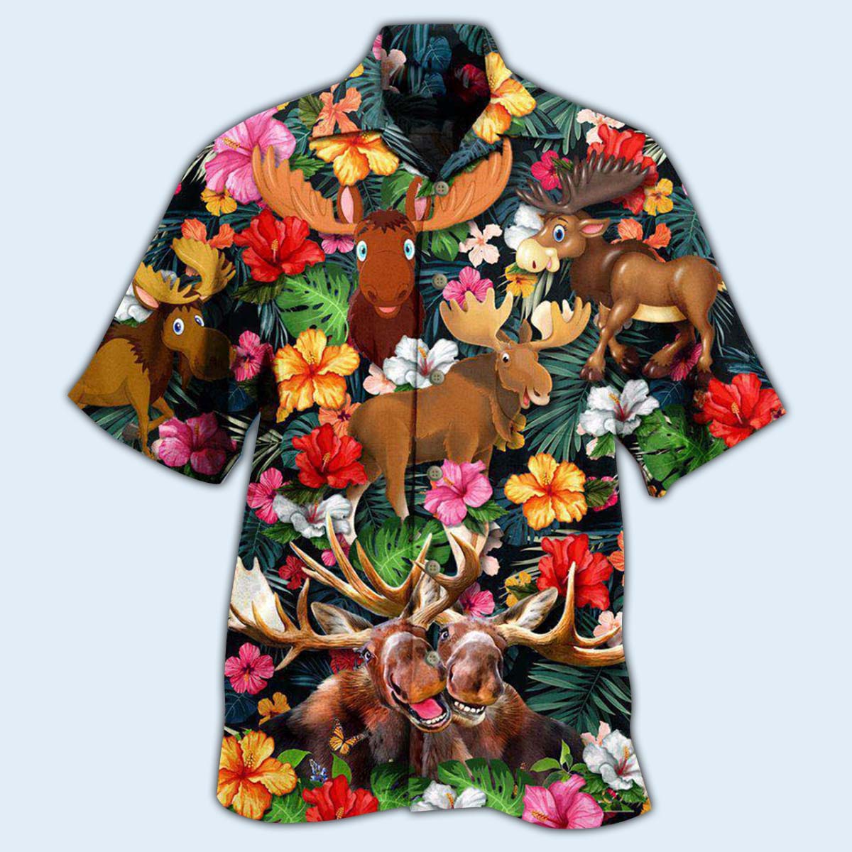 Happy Moose Animals Aloha Hawaiian Shirt Artwork View For Coastal Escapes And Resort Style