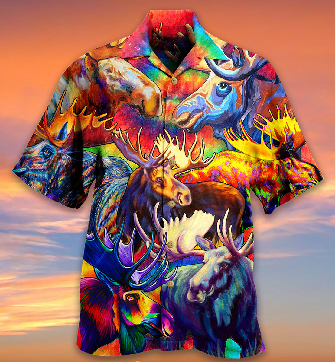 Watercolor Moose Beautiful Hawaiian Shirt Pattern Detail For Vacation Travel And Daily Wear