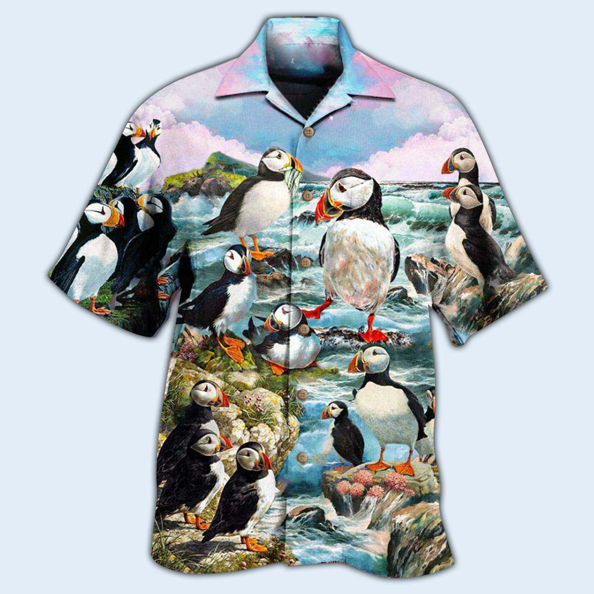 Blue Penguin Animals Penguins Coast Sky Hawaiian Shirt Artwork Detail For Resort Trips And Outdoor Activities