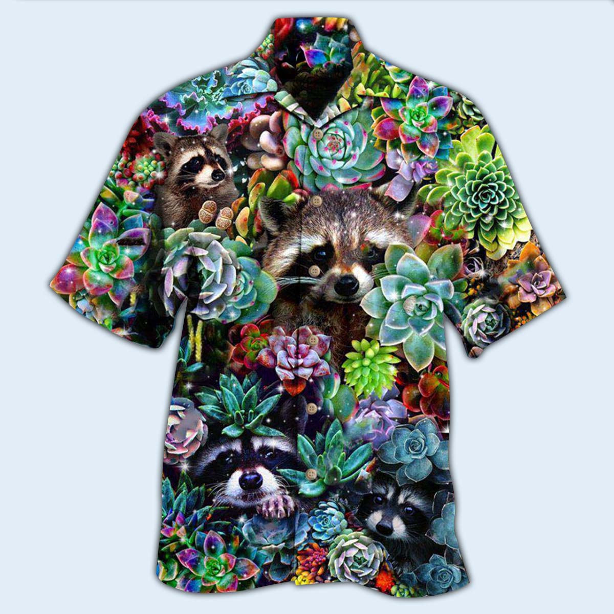 Raccoon And Succulent Plant Hawaiian Shirt With All Over Print For Beach Getaways Resort Outings And Thoughtful Gifting