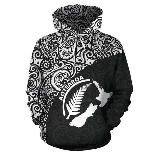 Silver Maori Map Fern Hoodie For Heritage Artwork Enthusiasts Weekend Trips And Gifting