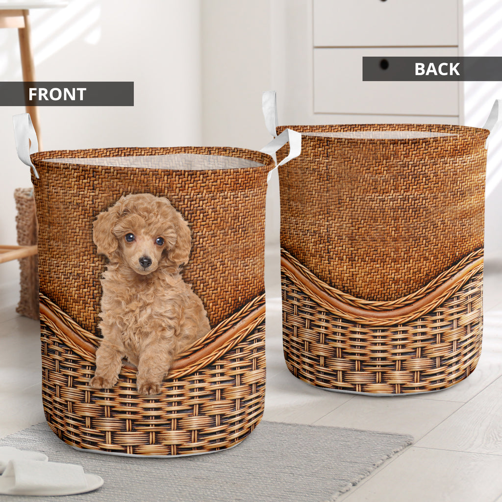Apricot Poodle Dog Rattan Texture Laundry Basket For Room Home Organizer