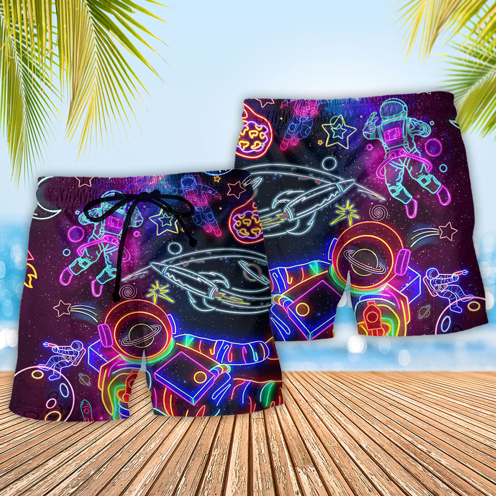 Astronaut Galaxy Escape Beach Shorts Pattern Detail For Island Trips And Bright Summer Outfits