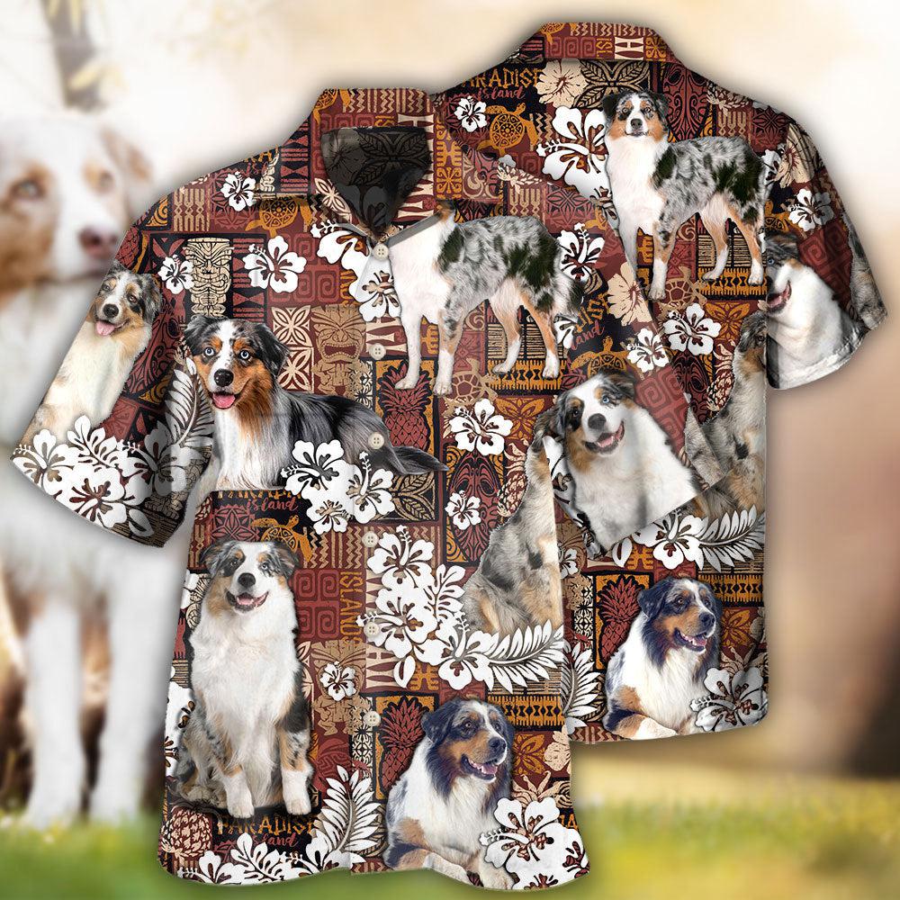 Vintage Tropical Dog Australian Shepherd Hawaiian Shirt Artwork View For Weekend Travel And Beach Style
