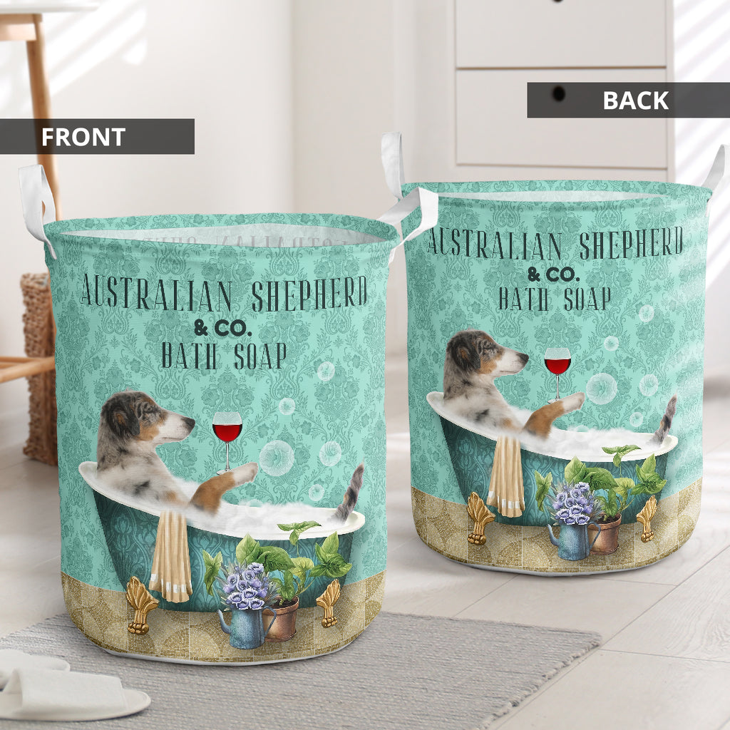 Australian Shepherd Dog And Bath Soap Laundry Basket For Nursery Dorm And Home Storage
