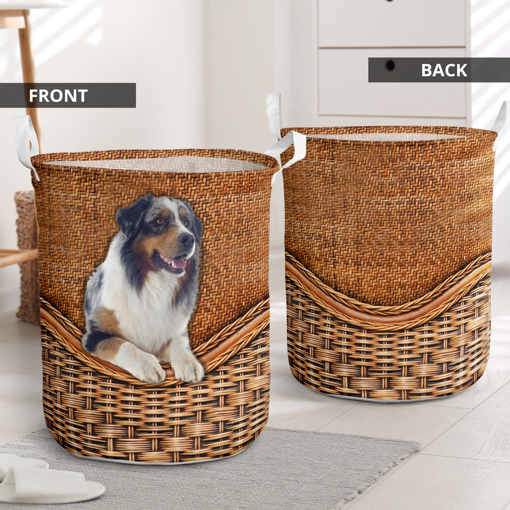Australian Shepherd Dog Rattan Texture Laundry Basket For Nursery Dorm And Home Storage