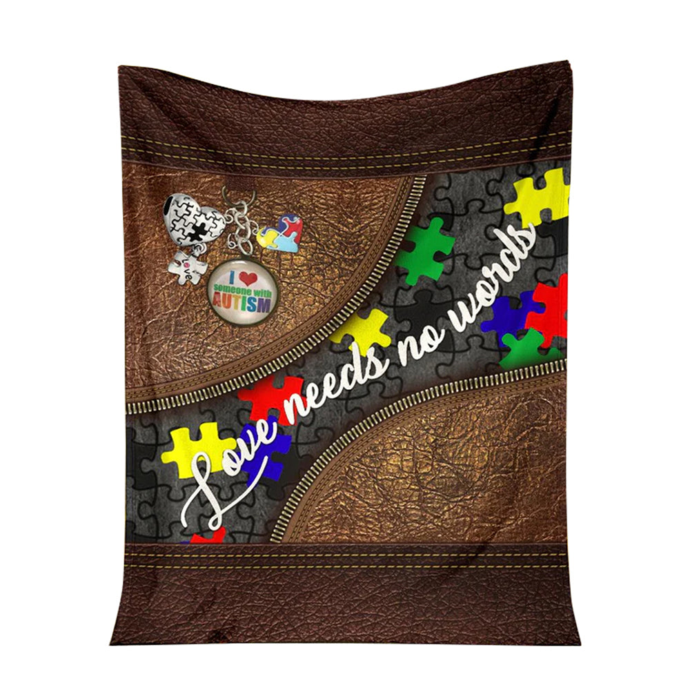 Autism Awareness Love Needs No Words Leather Pattern Flannel Blanket For Cozy Bedroom Sofa Decor