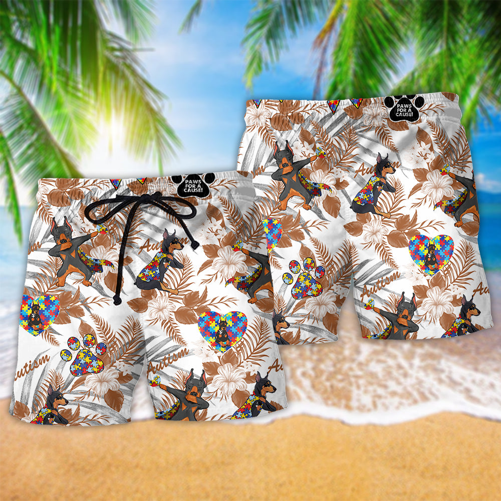 Doberman Autism Awareness Floral Beach Shorts Pattern View For Vacation Travel And Outdoor Fun