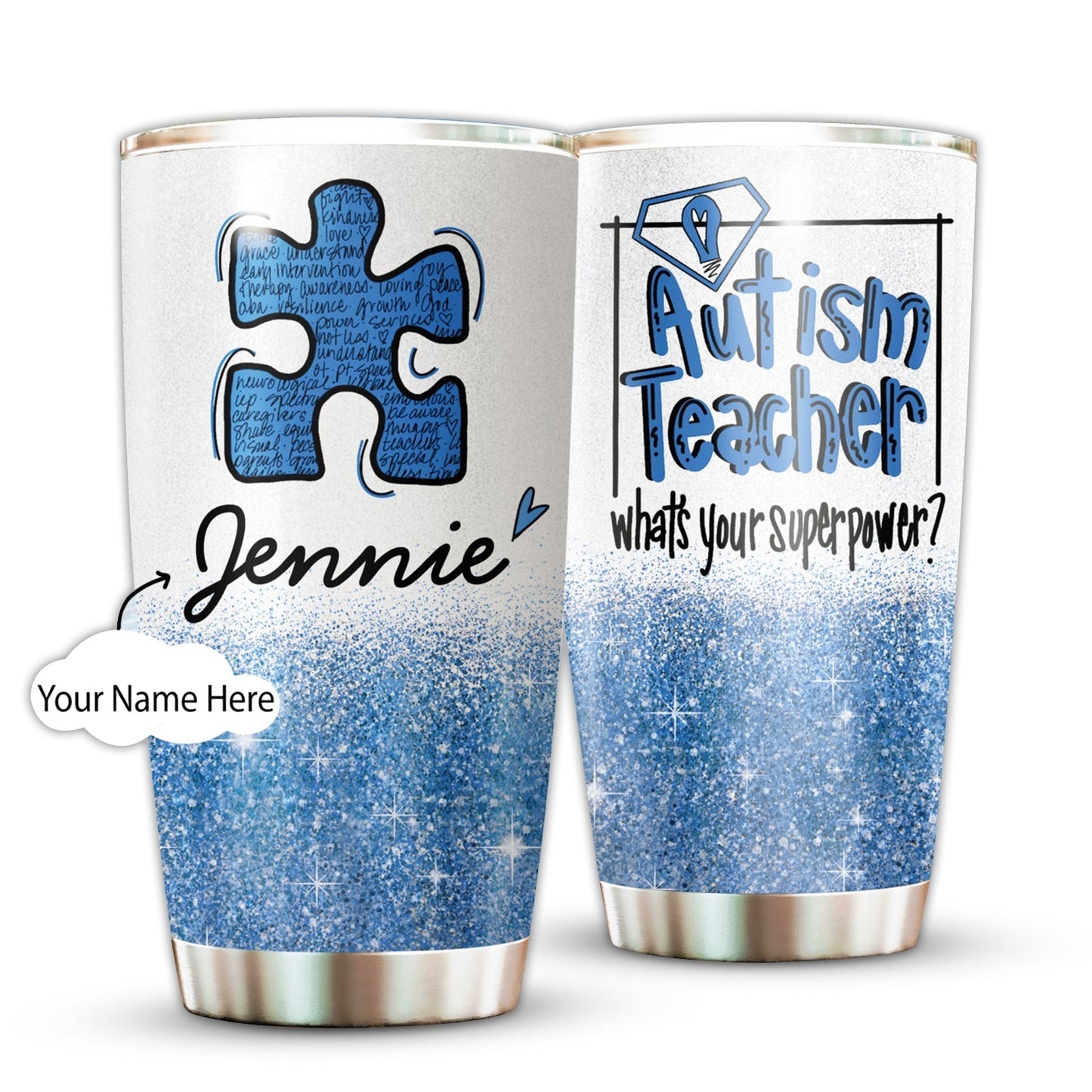 Autism Teacher In Blue Personalized 20 Oz Tumbler For Coffee Travel And Daily Drinks