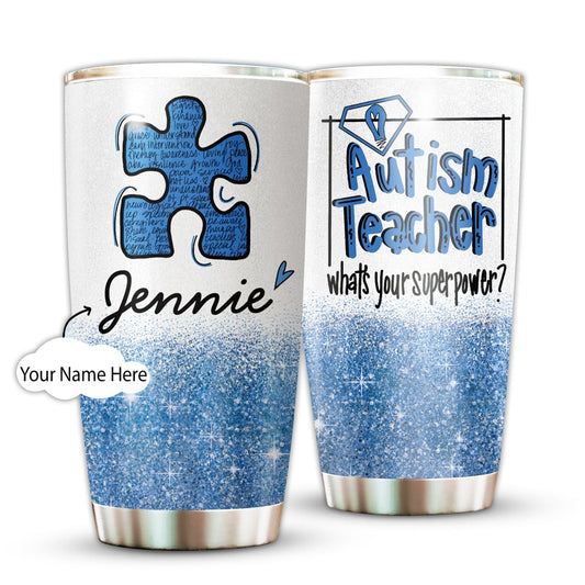 Autism Teacher In Blue Personalized 20 Oz Tumbler For Coffee Travel And Daily Drinks