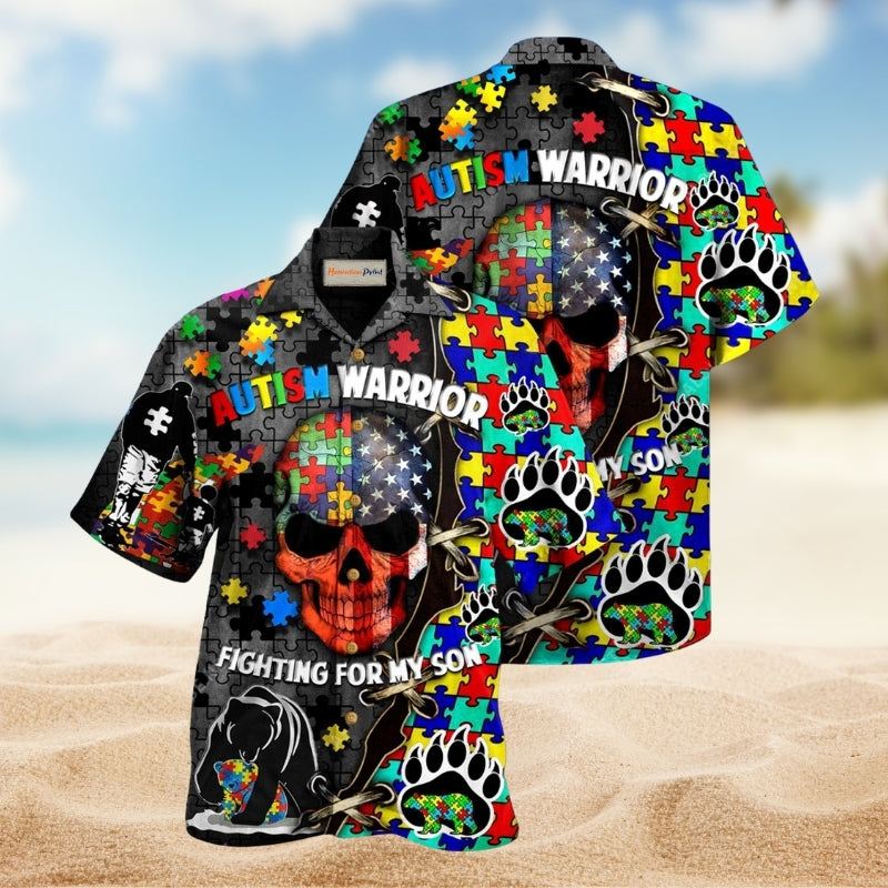 Autism Warrior Fighting For My Son Hawaiian Shirt For Summer Vacation Beach Travel And Relaxed Casual Wear