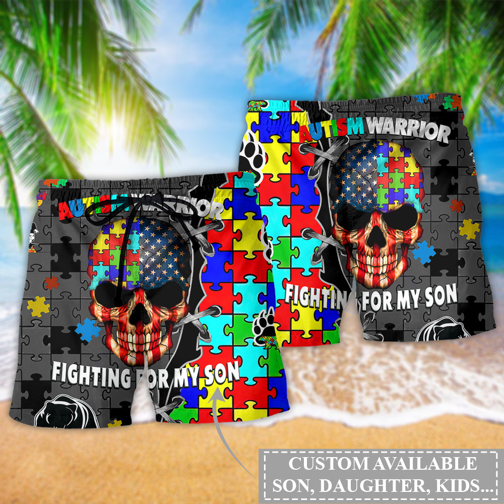 Autism Warrior Fighting For My Son Personalized Beach Shorts For Beach Days And Casual Outdoor Wear