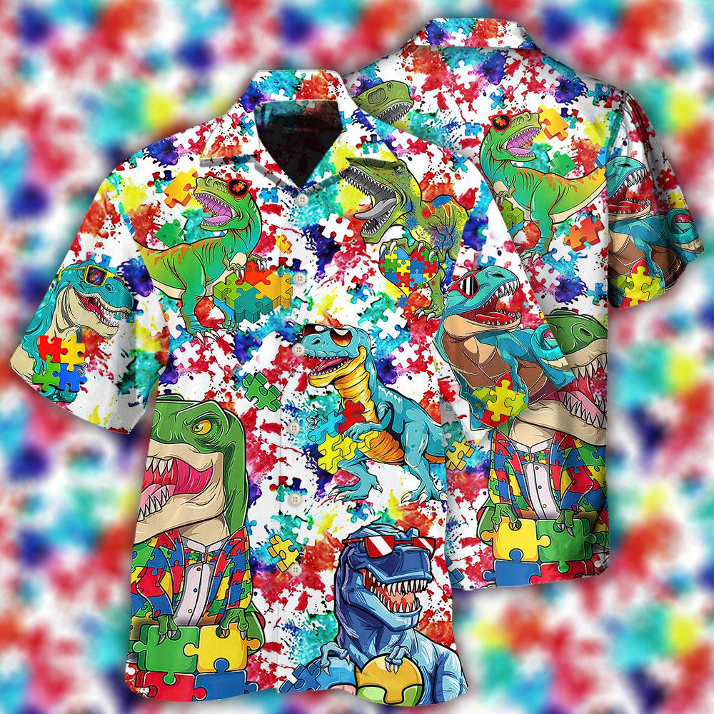 Autism Dinosaur Pattern Hawaiian Shirt For Tropical Holidays, Outdoor Gatherings, And Everyday Comfort