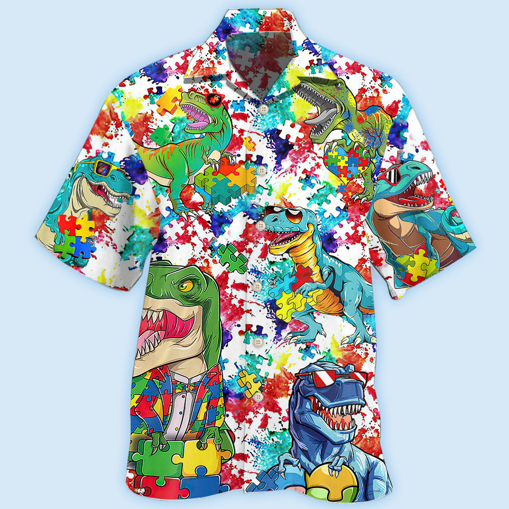 Autism Dinosaur Pattern Hawaiian Shirt For Tropical Holidays, Outdoor Gatherings, And Everyday Comfort