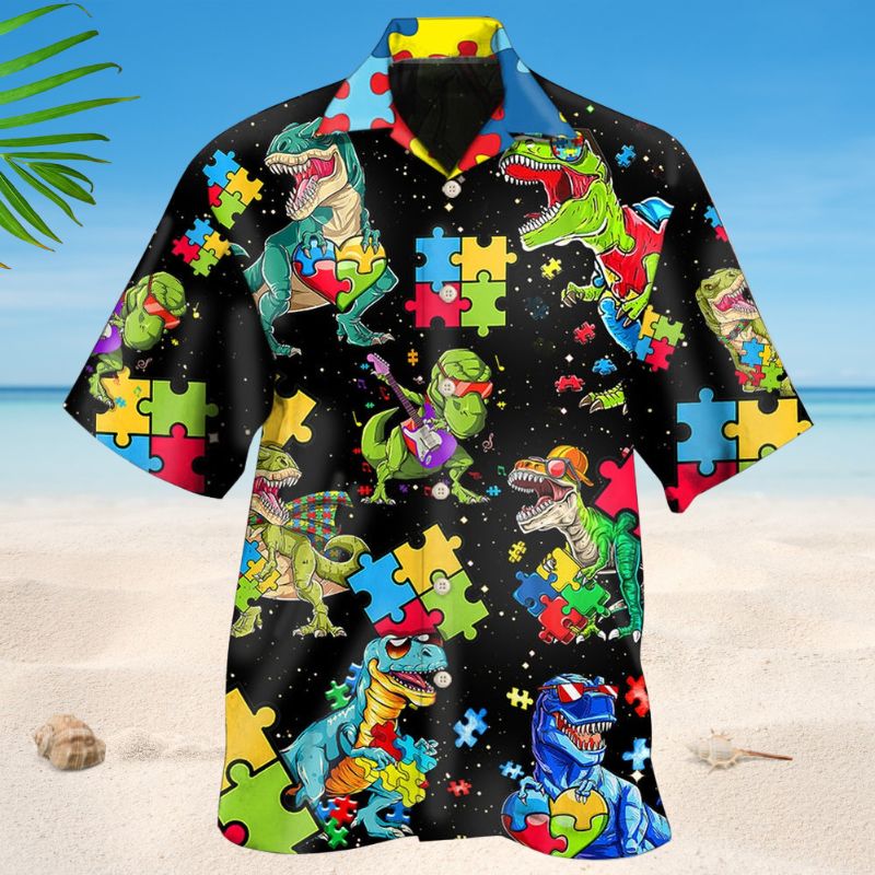 Autism Dinosaur Black Hawaiian Shirt For Tropical Holidays, Outdoor Gatherings, And Everyday Comfort