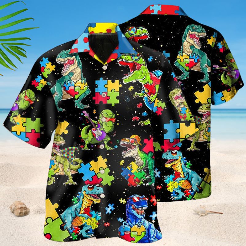 Autism Dinosaur Black Hawaiian Shirt For Tropical Holidays, Outdoor Gatherings, And Everyday Comfort