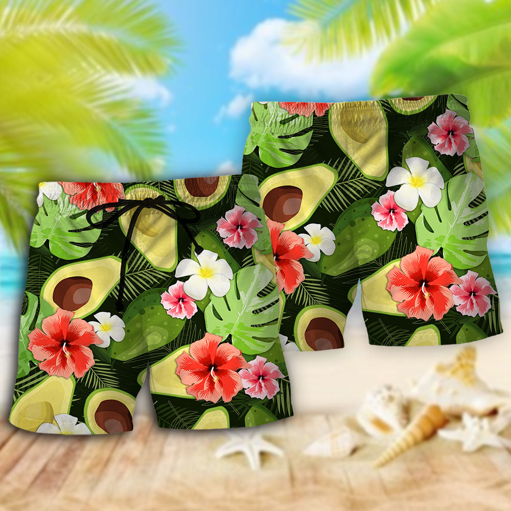 Avocado Tropical Floral Beach Shorts Pattern View For Resort Days And Outdoor Activities