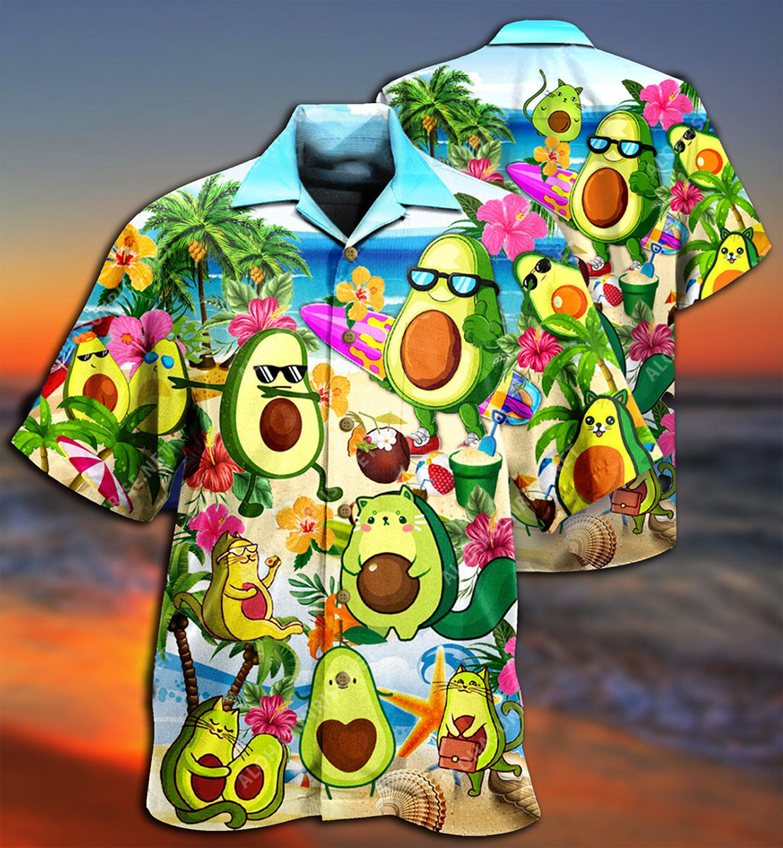 Avocado And Tropical Beach Hawaiian Shirt With Detailed Graphic For Vacation Getaways Resort Wear And Casual Celebrations