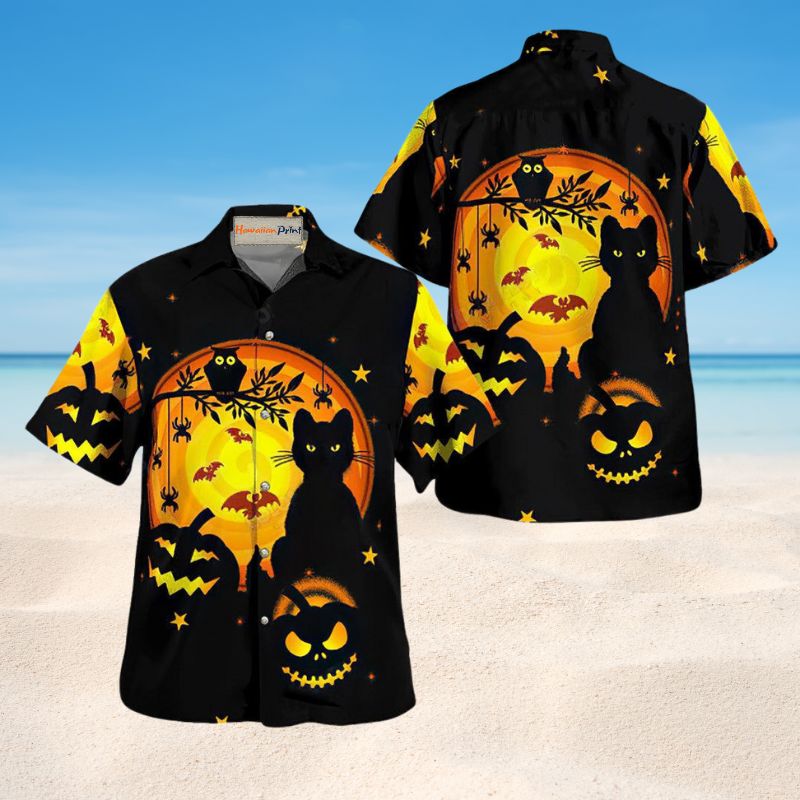 Halloween Bold Black Cat Pumpkin Hawaiian Shirt For Resort Trips, Coastal Parties, And Warm Weather Style