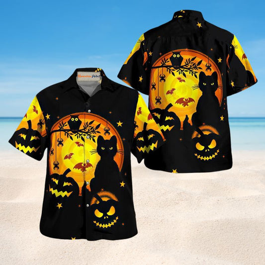 Halloween Bold Black Cat Pumpkin Hawaiian Shirt For Resort Trips, Coastal Parties, And Warm Weather Style