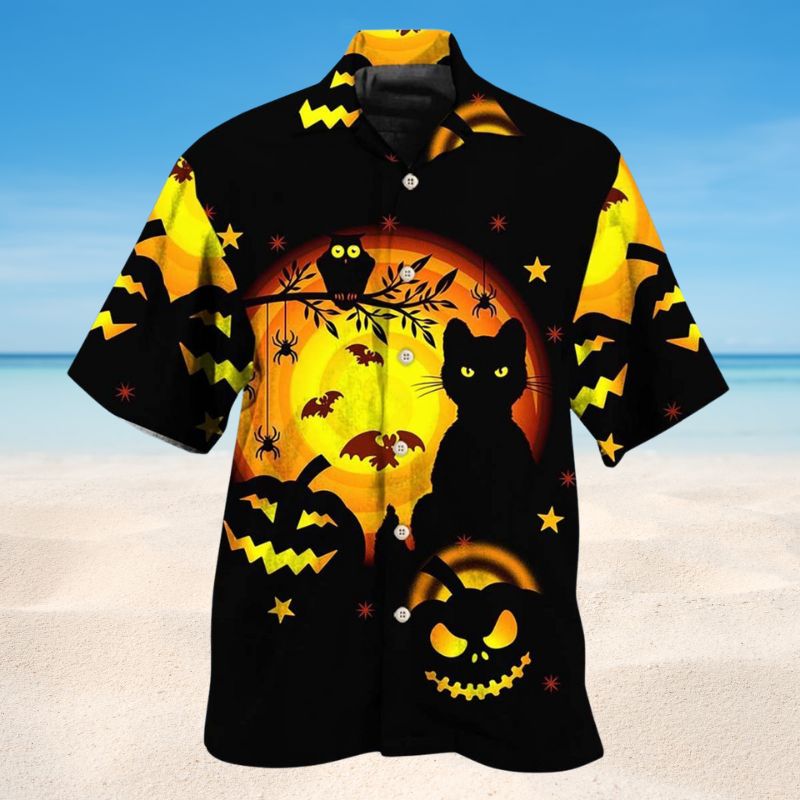 Halloween Bold Black Cat Pumpkin Hawaiian Shirt For Resort Trips, Coastal Parties, And Warm Weather Style