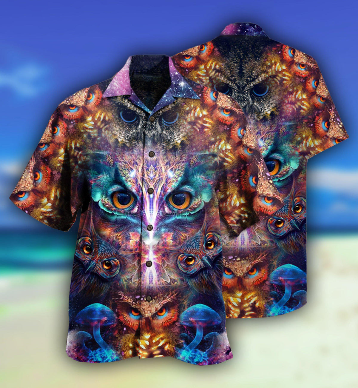 Mystical Owl Awesome Eyes Hawaiian Shirt Pattern View For Relaxed Warm Weather Outfits