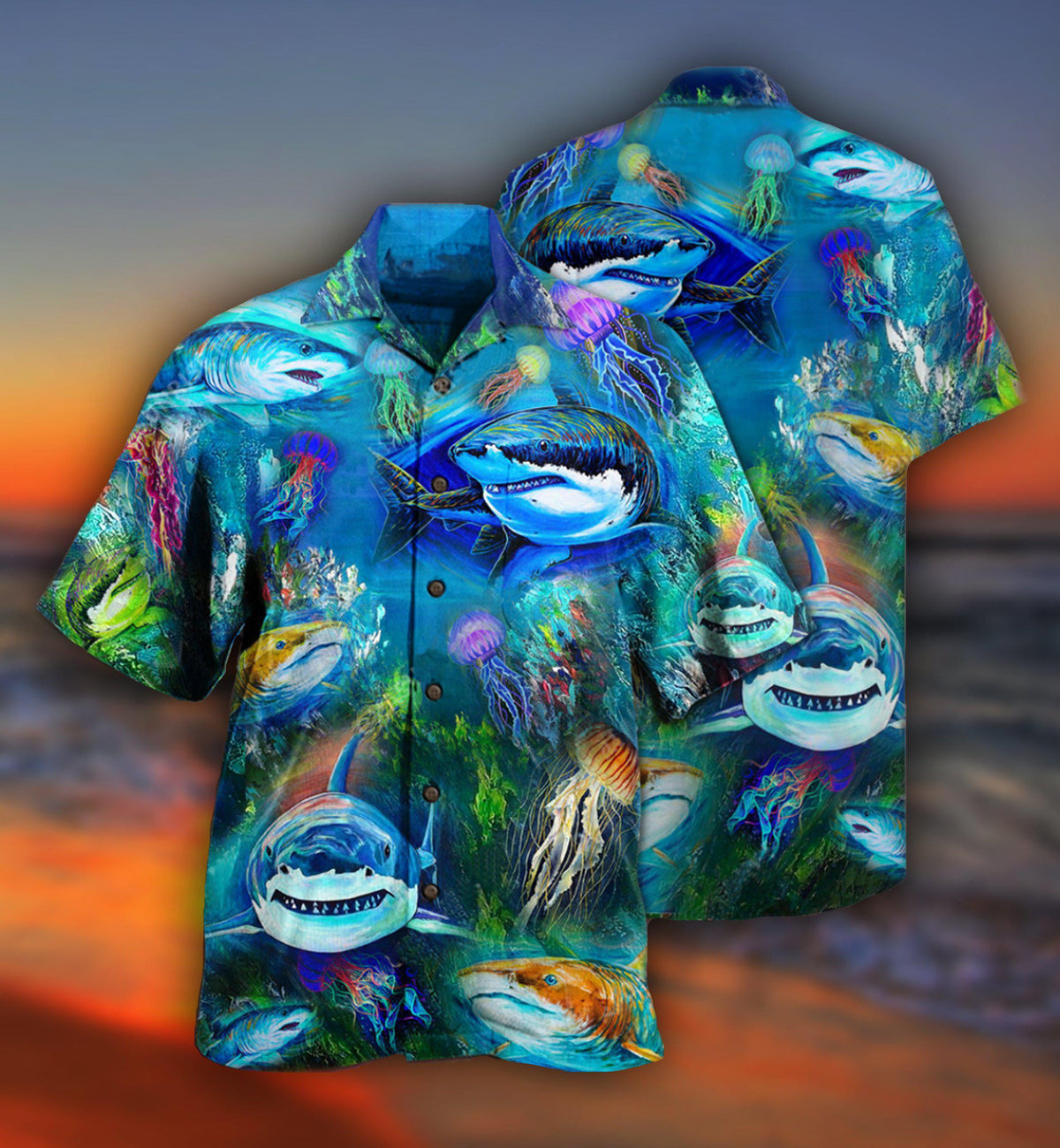 Shark Sea Awesome Hawaiian Shirt Pattern Detail For Summer Holidays And Outdoor Fun