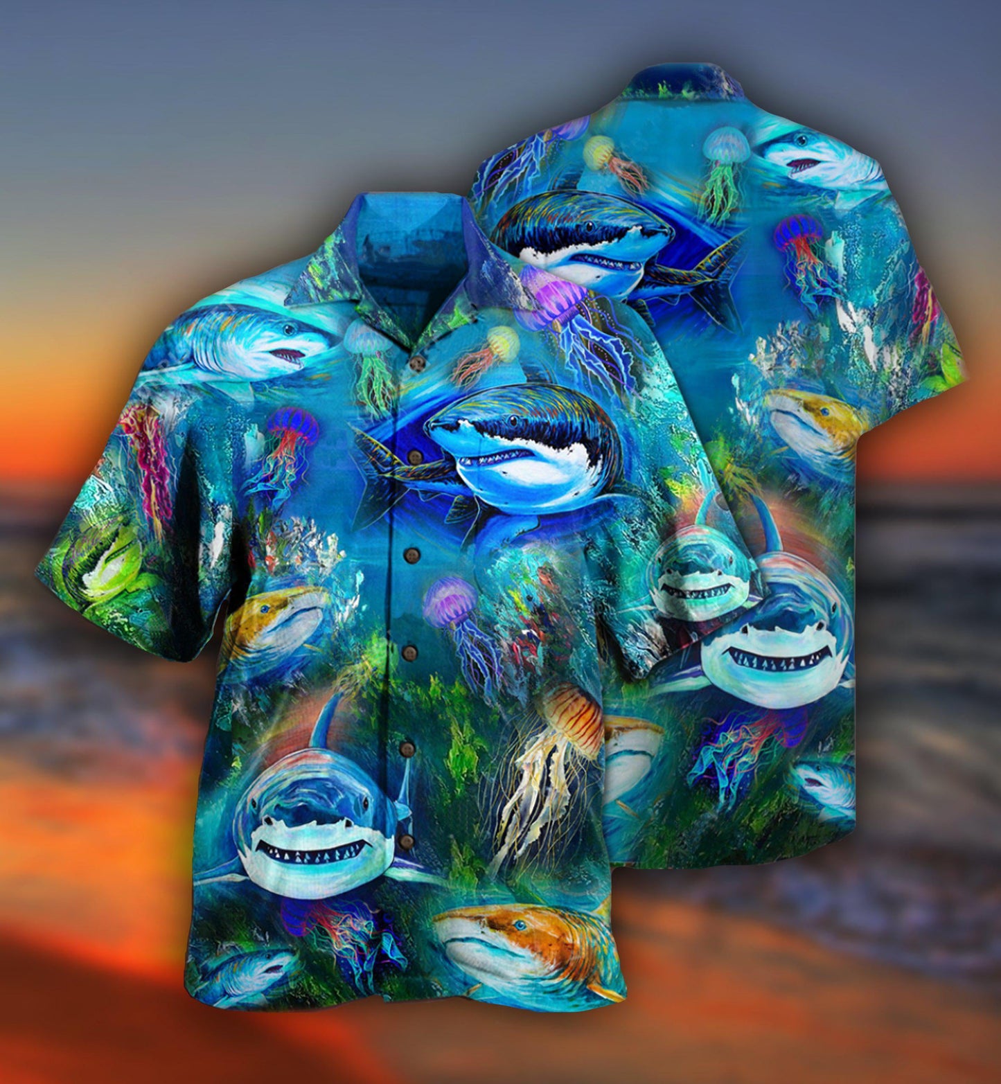 Shark Sea Awesome Hawaiian Shirt Pattern Detail For Summer Holidays And Outdoor Fun