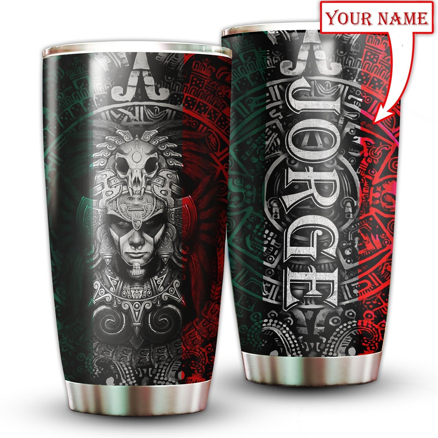 Aztec Mexico Green And Red Personalized 20 Oz Tumbler For Coffee Travel And Daily Drinks
