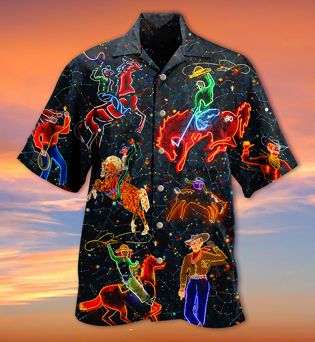 Neon Vintage Cowboy Hawaiian Shirt For Summer Events And Casual Outdoor Wear