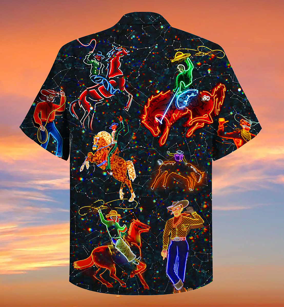 Neon Vintage Cowboy Hawaiian Shirt Design Detail For Beach Days And Holiday Travel