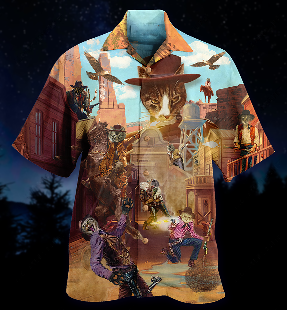 Cowboy Cats Vintage Hawaiian Shirt For Warm Weather Outing And Resort Wear